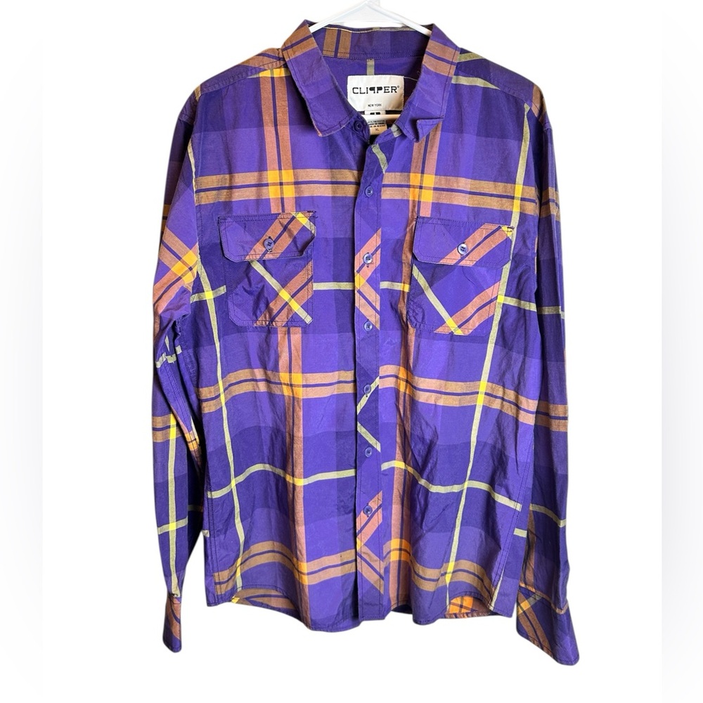 Clipper New York Purple Cotton Bland Plaid Button Up Size XL